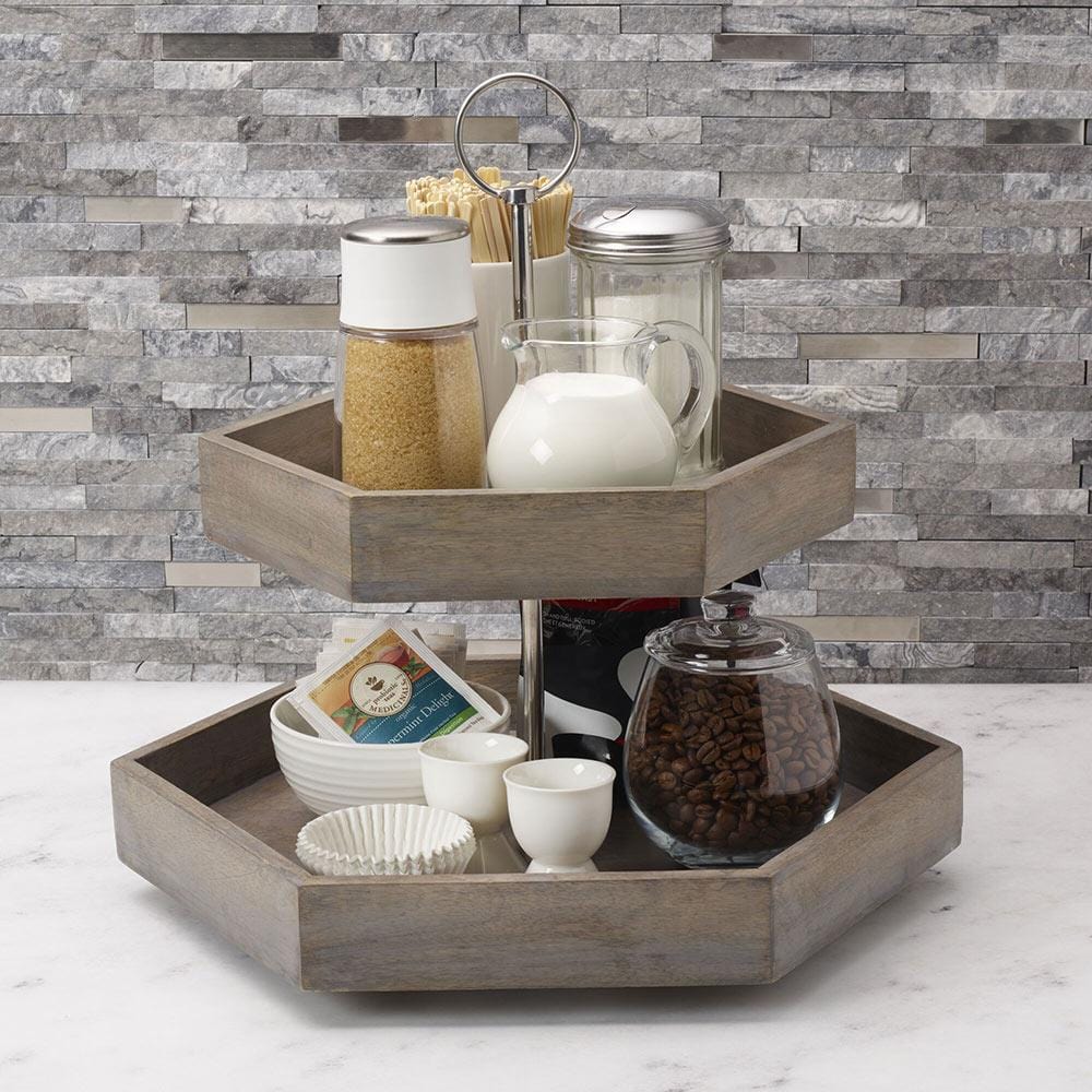 Hexagon 2 Tiered Mango Wood Serve Tray - Image 3
