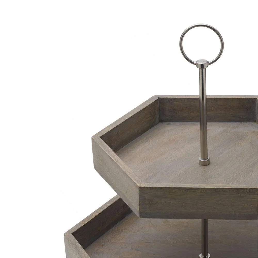 Hexagon 2 Tiered Mango Wood Serve Tray - Image 4
